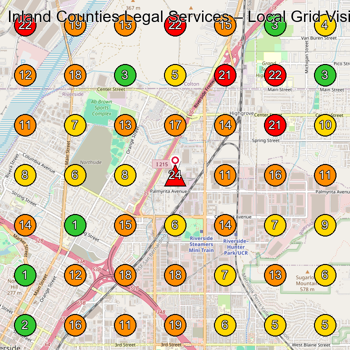 Inland Counties Legal Services Legal Services GeoGrid ranking map for Riverside CA